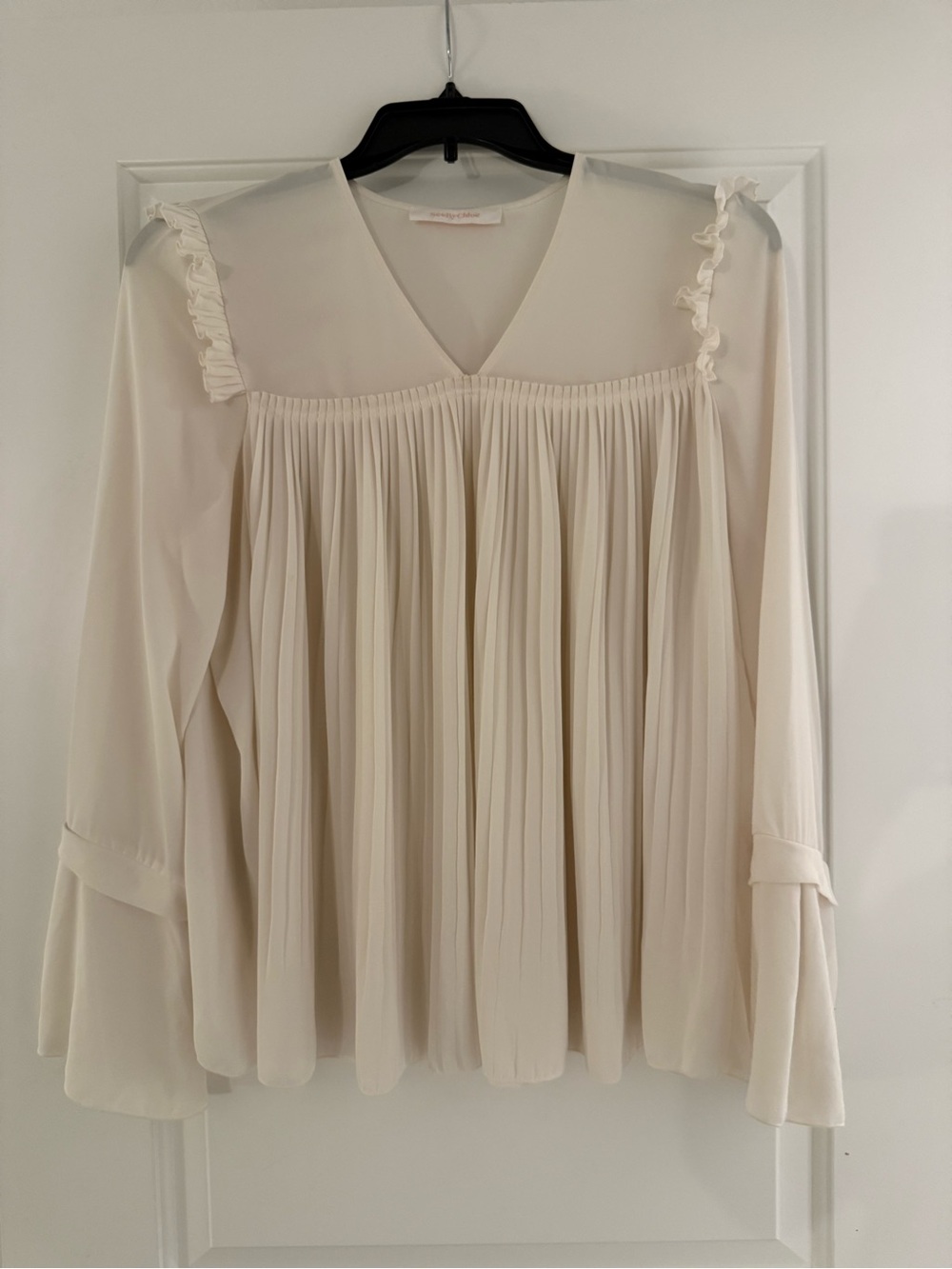 See By Chloe- Pleated V-Neck Ruffle Shoulder Blouse - Cream
